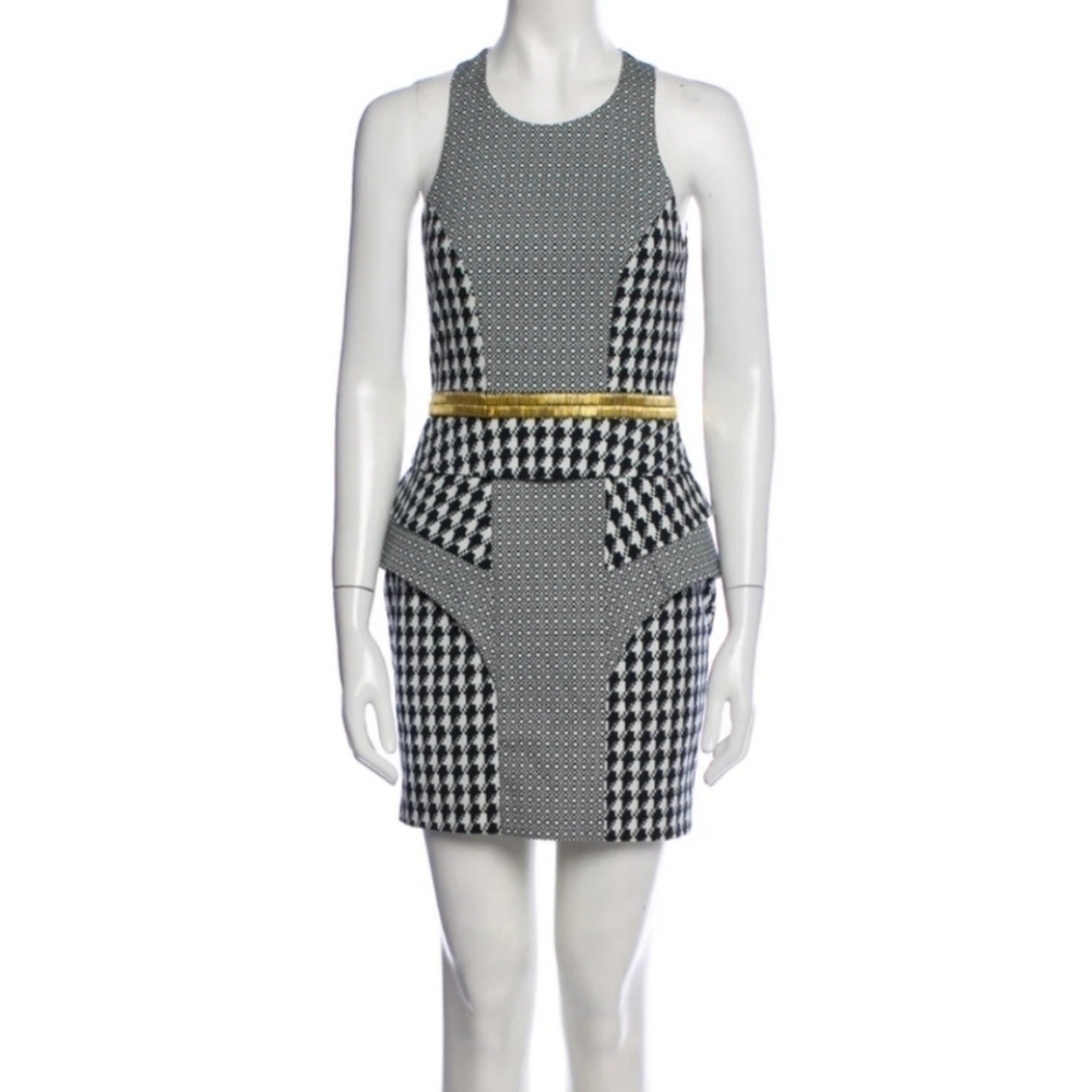 Sass and Bride Houndstooth Peplum Cocktail Sleeveless Mini Dress Metal Belted